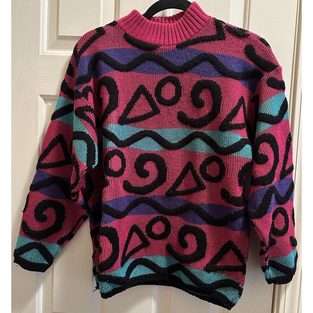 Vibrant Geometric V-Neck Sweater - Pink & Teal